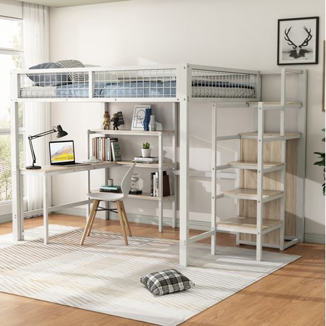 DESVIAE Lit mezzanine 140 x 200 cm avec bureau étagères et armoire intégrée en métal et MDF blanc (1/5)