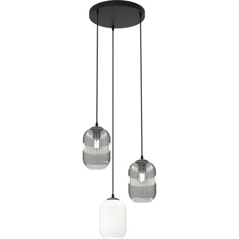 Lampadario 3 Luci Verdi Base Tonda Acciaio Nero Vetri Plissettati Bianco E Fumè (1/5)