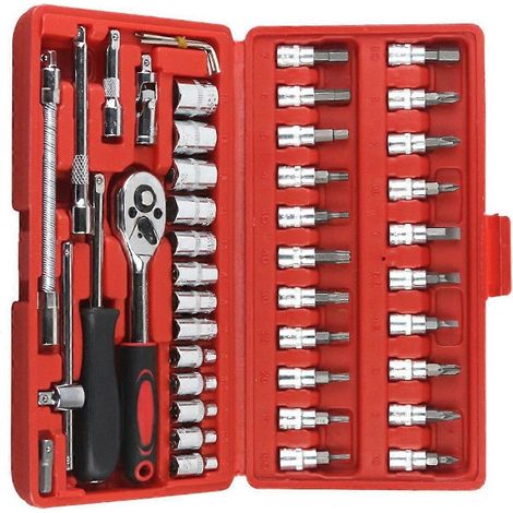 Coffret de 46 clés à douille avec cliquet, adaptateur de poignée rotative métrique et jeu de tournevis pour réparations automobiles (1/5)