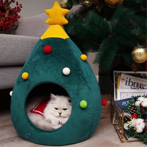Panier pour chat/chien Lit pour chat Arbre de Noël 2 en 1 Nid pour chat,Tente pour chat Lit grotte intérieur chaud pour chat (1/4)
