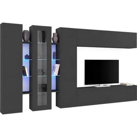 Parete Soggiorno Attrezzata Antracite Opaco Moderno Vetrina Porta TV (1/4)