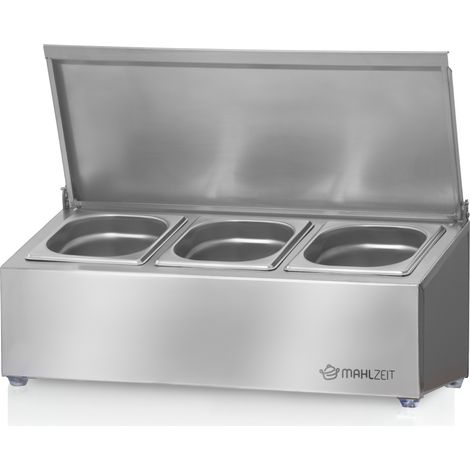 Contenitore per ingredienti in acciaio inox Mahlzeit, 3 contenitori GN da 1/6 con piedini in gomma, contenitore scaldavivande, salad bar