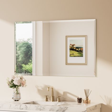 Keonjinn Miroir salle de bains à taillage facetté 120x75cm, verre trempé avec film anti-éclats, Miroir salle de bains sans cadre, WC miroir mural rectangulaire pose verticale et horizontale possible