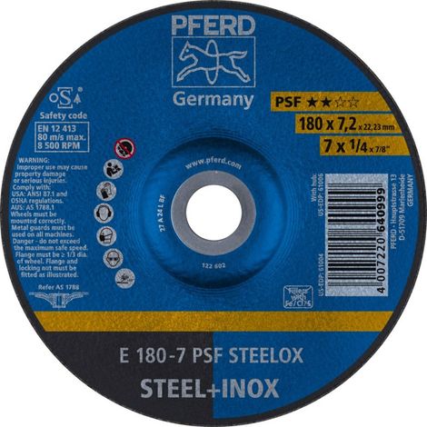 PFERD TOOLS Schruppscheibe E 180x7,2x22,23 mm Universallinie PSF STEELOX für Stahl/Edelstahl 10 Stk (1/5)