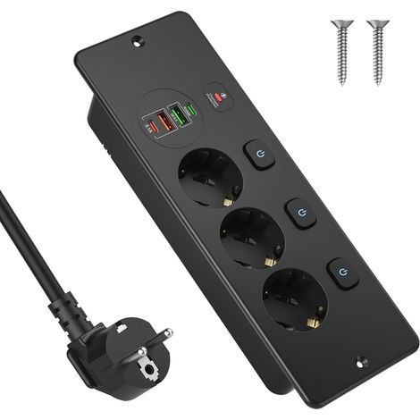 Cable de alimentación integrado con USB C PD de 20 W, conexión de 3 vías conmutable individualmente, conexión integrada con cable de 2 m, conexión de mesa para mesa de conferencias, encimera, mesa de  (1/5)