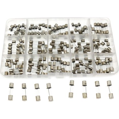 Boîte d'échantillons de 150 fusibles en verre 5 x 20 mm, 15 types différents, 10 boîtes, 150 fusibles de 0,1 A à 30 A à fusion rapide