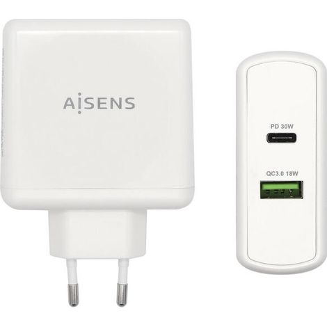 Cargador Usb-c Pd3.0 30w Usb-a Qc3.0 18w Blanco Aisens Asch-2pd30qc-w (1/3)