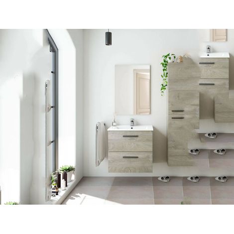 Mobile sottolavabo Affa, Mobiletto per bagno a 2 cassetti, Armadietto sospeso con specchio, lavabo non incluso, 60x45h57 cm, Rovere