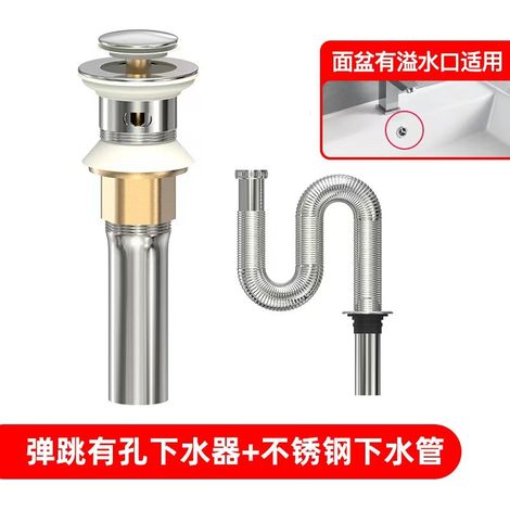 Washbasin drain pipe, odor-proof drain pipe, sink/washbasin drain accessory, pop-up sink/washbasin drain plug -- small pop-up drain with hole + 60cm stainless steel drain pipe