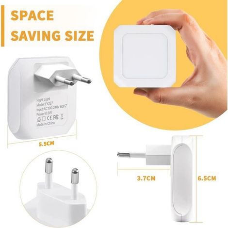 Veilleuse avec capteur crépusculaire,Economie D'énergie 0,6W Veilleuse Prise Enfant pour chambre à coucher,cuisine, blanc chaud (1/4)