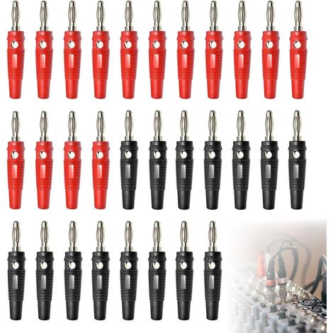 30 Fiche Banane, Connecteur 4mm, Fer Nickelé, PVC, Noir Rouge, Pour Enceinte Hifi Ampli
