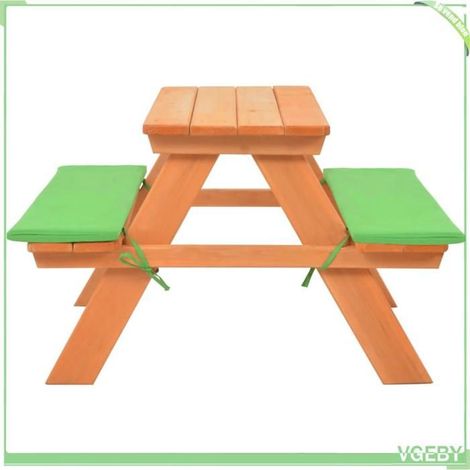 Table de pique-nique enfant - FAFEICY - 91793 - Bois de sapin massif - 2 bancs intégrés avec coussins verts - 89x79x50 cm (1/5)