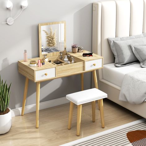 Ensemble de coiffeuse avec tabouret miroir rabattable style scandinave 2 tiroirs 100 x 45 x 118 cm naturel et blanc