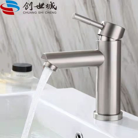 304 Stainless Steel Single-Hole Hot and Cold Water Basin Faucet for Home Bathroom Washbasins and Countertops - Splash-Proof Faucet with Straight Handle