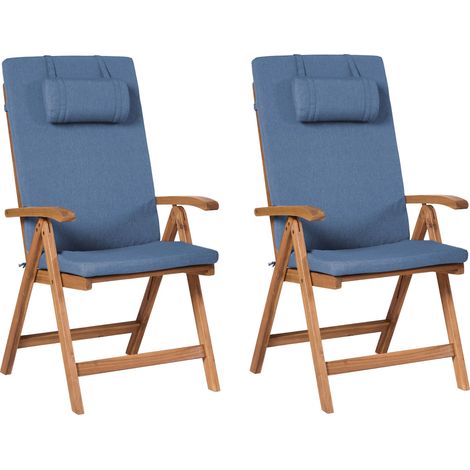 Set of 2 Garden Chairs Light Acacia Wood with Blue Cushions Folding Feature UV Resistant Rustic Style JAVA PREMIUM (1/5)
