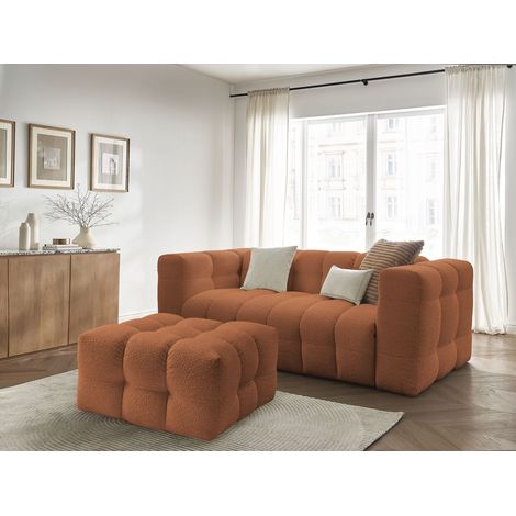 BOBOCHIC - Canapé droit convertible 3 places ouverture express CLOUD tissu bouclette avec pouf Orange (1/5)