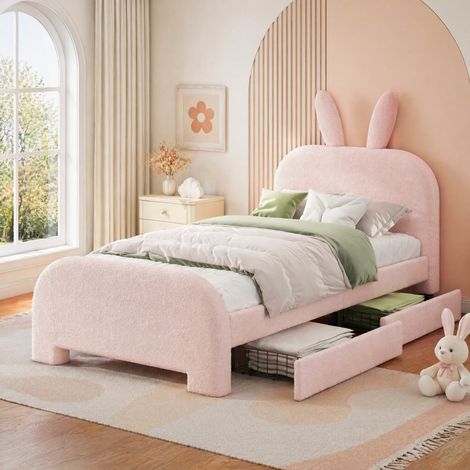 Cama infantil 90x200 cm con forma de conejo, cabecero acolchado y dos cajones laterales, en tela rosa y MDF, ideal para dormitorio infantil  CHICFURN (1/5)
