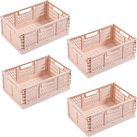 4 Caisse Pliable, Panier Rangement Plastique Avec Poignée, Empilable Pour Cuisine Bureau Chambre Rose
