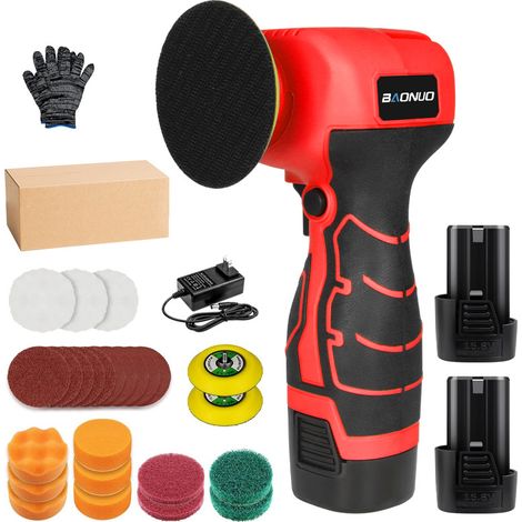 Kit rouge 2 - Polisseuse mini sans fil, 1-2 batteries et chargeur, multifonction pour lustrage, dérouillage, ponçage, polisseuse lithium pour bois et voiture (1/2)