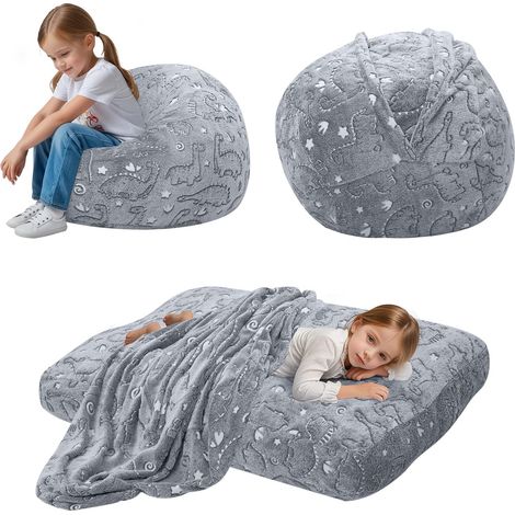 Pouf poire pour enfants se transforme en pouf, fauteuil poire avec rembourrage, canapé pour enfants paresseux pour fille et garçon, gris, 75 x 75 x 47 cm, dinosaure lumineux (1/5)