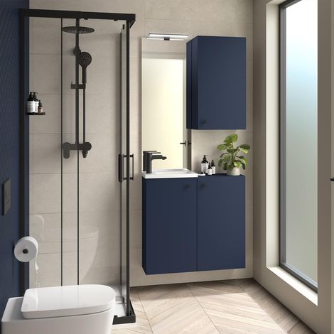 Ensemble complet MARVILLE BLEU SATIN + meuble-lavabo + miroir + lampe (1/4)