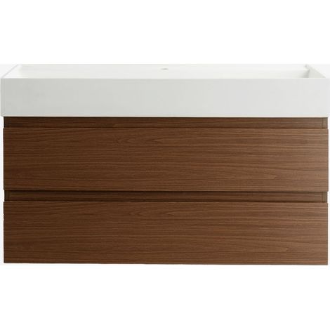 Sklum – Ensemble de meubles de salle de bain suspendu en bois et placage de frêne – Lavabo en résine intégré – 58cm x 60cm x 49cm – 2 tiroirs avec fermeture douce (1/5)