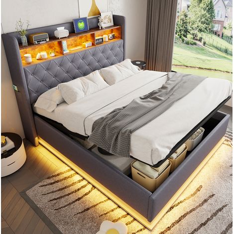 Letto contenitore 160x200 LED USB grigio HAVRYA (1/5)