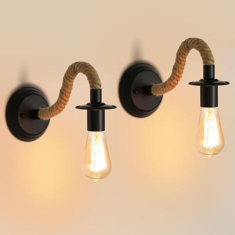 BelleRise - Lot de 2 appliques murales réglables en corde de chanvre, style rétro, ampoule E27, ampoule non incluse (1/4)