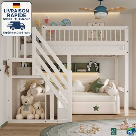 MODFU - Letto a soppalco per bambini 90×200cm, letto singolo, con scala contenitore, pino, anticaduta, senza materasso, bianco (1/5)