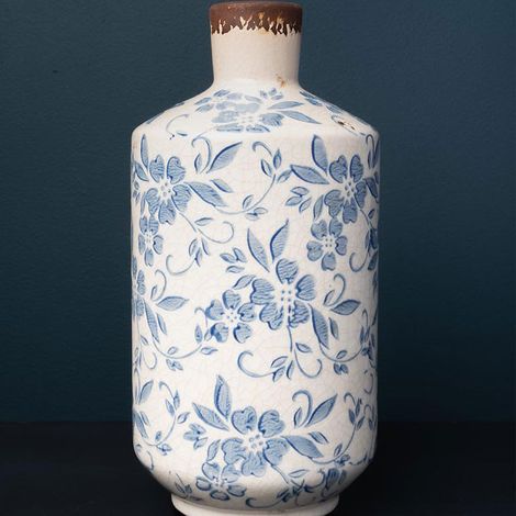 Vase Bouteille Bucolique Fleuri blanc bleu grès 12x25cm (1/3)
