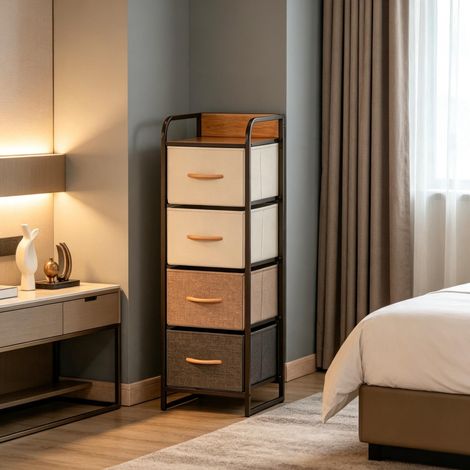 Cassettiera stretta a 4 cassetti in tessuto beige e marrone 31 x 29 x 99 cm OKWISH (1/5)