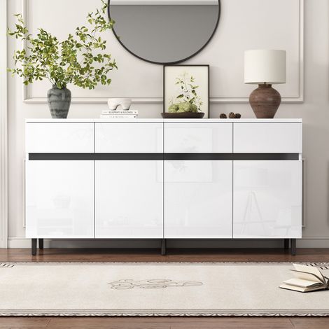 Buffet brillant moderne - 4 portes avec 4 étagères réglables et 4 tiroirs - Blanc (1/5)