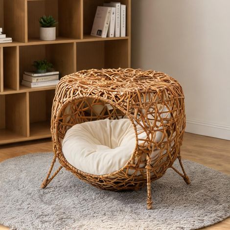 Maison pour chat marron en rotin 40 x 40 x 32 cm (1/5)