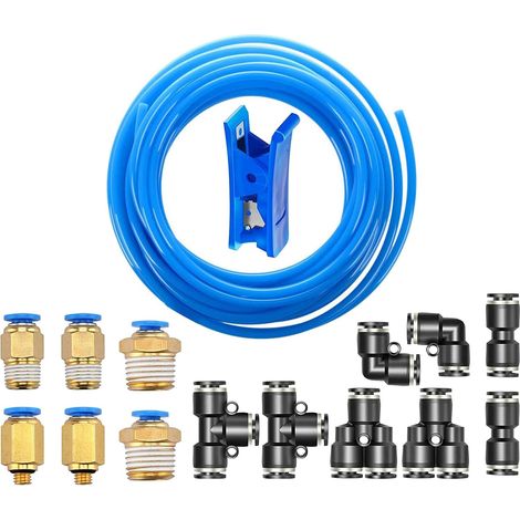 10 m Blue Polyurethane Pneumatic Hose, 4 mm, PU Air Hose, with 14 Pneumatic Connector 0.3 cm (Black 2 Straight, 2 Elbows, 2 T-Connections, 2 Y-Separators, 6 Male Threaded Fittings, 1 Pipe Cutter) (1/5)