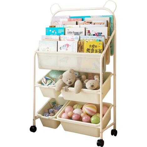 Meuble de rangement pour jouets à 5 niveaux avec étagère à livres  ce meuble à 5 niveaux associe 4 bacs de rangement amovibles (2 standards et 2 grands). (1/5)