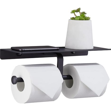 1 Porte-rouleau papier toilette double, étagère rangement aluminium, fixation adhésive ou vis, noir mat, salle de bain (1/5)