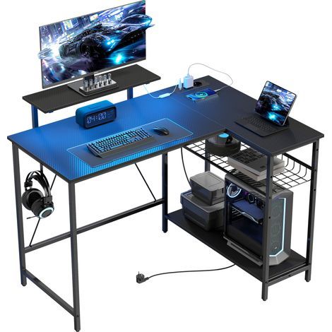 Eck-Gaming-Schreibtisch mit LED-Beleuchtung, Steckdosen, Monitorständer und Ablage, Schwarz