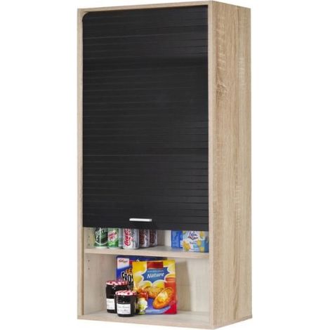 Les Tendances – Armoire de cuisine large à rideau chêne naturel et noir – Dimensions L 60 x H 124 cm – 3 tablettes réglables – Éco-conçu, fabriqué en France (1/4)