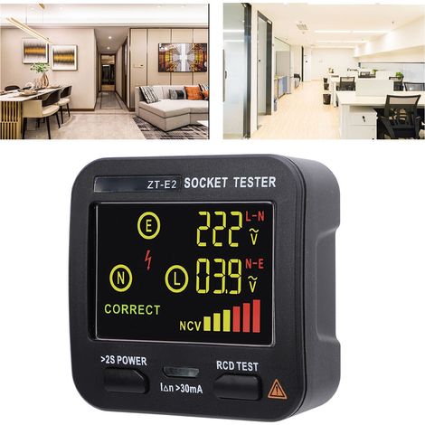 Europäischer Standard-LCD-Farbbildschirm-Steckdosenprüfer zur Leckstromerkennung, Neutralleiter- und Außenleiterprüfung (0,1 V250 V). (1/5)