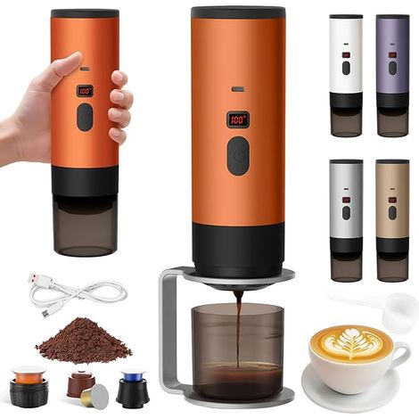 Machine a Cafe Portable avec Support,Nouveau Cafetière Portable 3 en 1,Affichage Intelligent Machine a Cafe,Rechargeable Cafetiere Electrique Compatible avec Cup et Café Moulu (Orange-1)