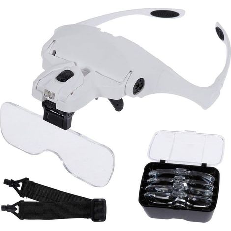 Lunette de Loupe avec 2 Lumières LED 5 Lentilles Lunette loupe grossissante 1.0X,1.5X,2.0X,2.5X,3.5X pour Travail de Précision, Bijoutier, Eclairage, Broderie, Lecture (1/5)