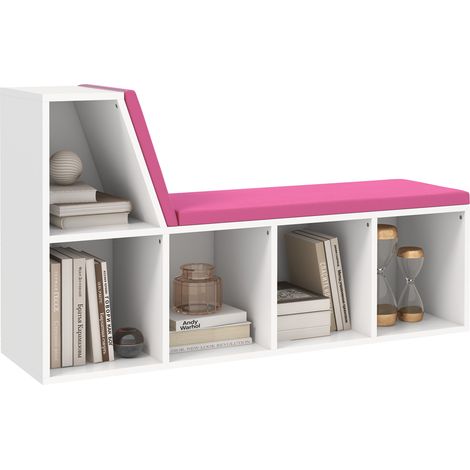 Librería/banco 2 en 1 con 5 compartimentos de almacenamiento y 2 cojines, 108 x 30 x 60 cm, blanco y rosa. (1/5)