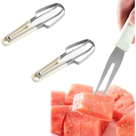 Cortador de melón, cortador de sandía de acero inoxidable 3 en 1, herramienta para cortar sandía, cuchillo para frutas, tenedor-cortador de sandía, herramienta para cortar sandía de verano (2, beige)