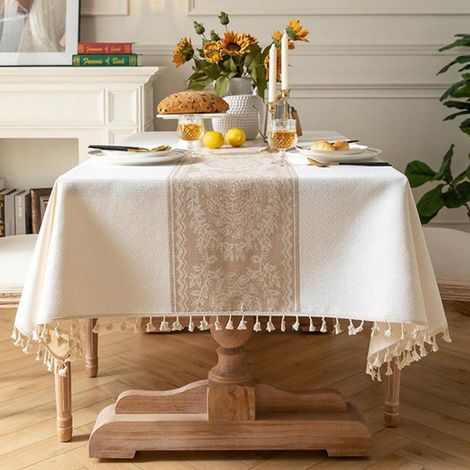 Nappe rectangulaire en coton-lin avec pompons, lavable, 140x300 cm, Blanc