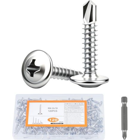 120 PcsVis Autoforeuse Metal, M4,2 x 19 mmVis Autoperforante,Vis Autotaraudeuses à tête plate Inox, Vis Autoperceuses pour Bac Acier, Toiture de Tôles Ondulées, métalliques, plastique (1/5)