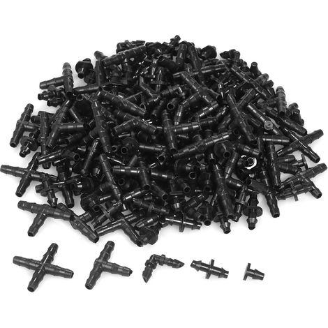 Kit de 200 piezas para sistemas de riego por goteo: racores con púas compatibles con mangueras de jardín y césped de 1/4 de pulgada (20 racores de 4 vías, 20 codos, 80 extremos rectos, 20 tapones, 60  (1/2)