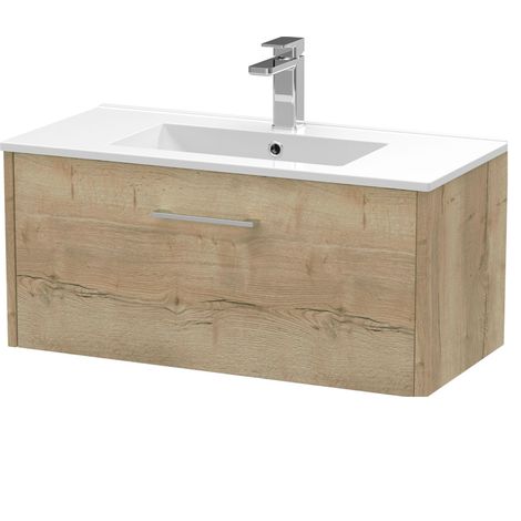 Winshill Contemporary 1 Drawer Wall Hung Vanity Unit with Minimalist Basin, Light Oak, 800mm