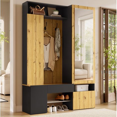Appendiabiti da ingresso con specchio, spazio per appendere abiti, scarpiera e ganci, 127x35x180,5 cm, MDF nero naturale (1/5)