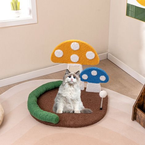 Lit pour Chat en Forme de Champignon Griffoir en Sisal avec Grande Plateforme Boule à Ressort Appui-tête Rembourré en Coton PP Plateforme (1/3)