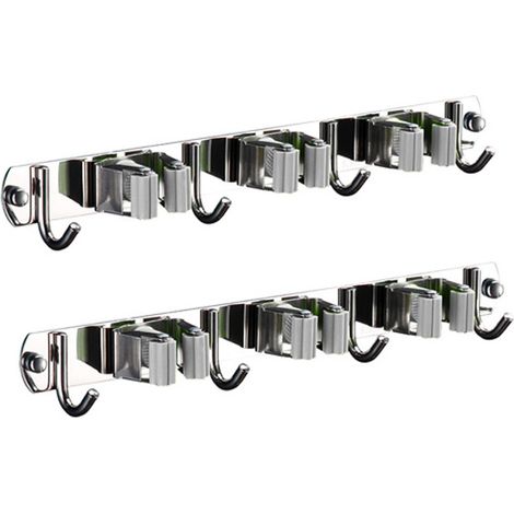 Soporte de pared para escobas, no requiere taladrar, acero inoxidable 304, pinza para fregona, 20-30 mm, juego de 2 ganchos, capacidad de 5 kg, para cocina y baño. (1/5)
